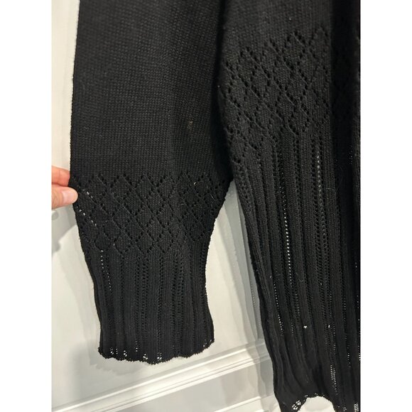 Victoria Holly Black Open Front Knit Cardigan Tie Closure Diamond Pattern Design - Picture 4 of 8